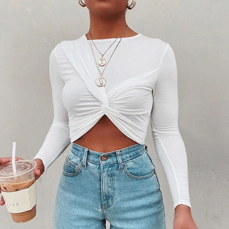 

crop top t shirts long sleeve solid short t-shirts for women clothing fashion slim t-shirt
