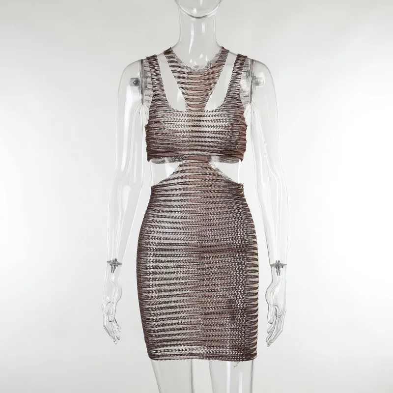 

Mesh Bodycon Vest Dress Women High Street Clothing Lady Birthday Party Wear 2021 Summer Stripe Sexy Night Club Mini Dress