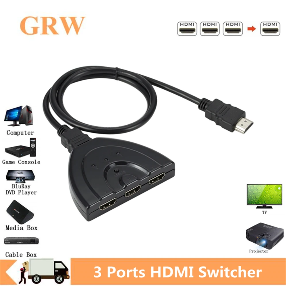 

GRWIBEOU 3 Ports HDMI Switcher Adapter Cable 1080P HDMI Splitter HUB HDMI Switcher 3 in 1 out Ports Switch Hub for HDTV PC