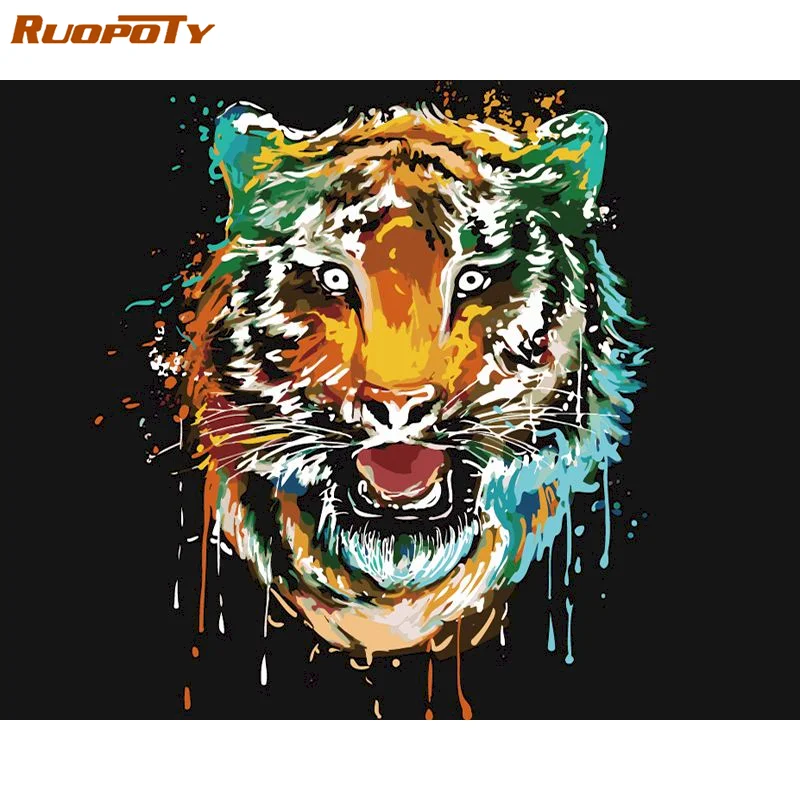 

RUOPOTY Frame Painting By Numbers Colorful Tiger Paint By Number For Adults Canvas Painting Kits Handpainted Wall Art