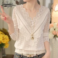 2021 lace shirt long sleeve fashion women blouse spring and autumn korean see through v neck slim blouse with lace female 63c