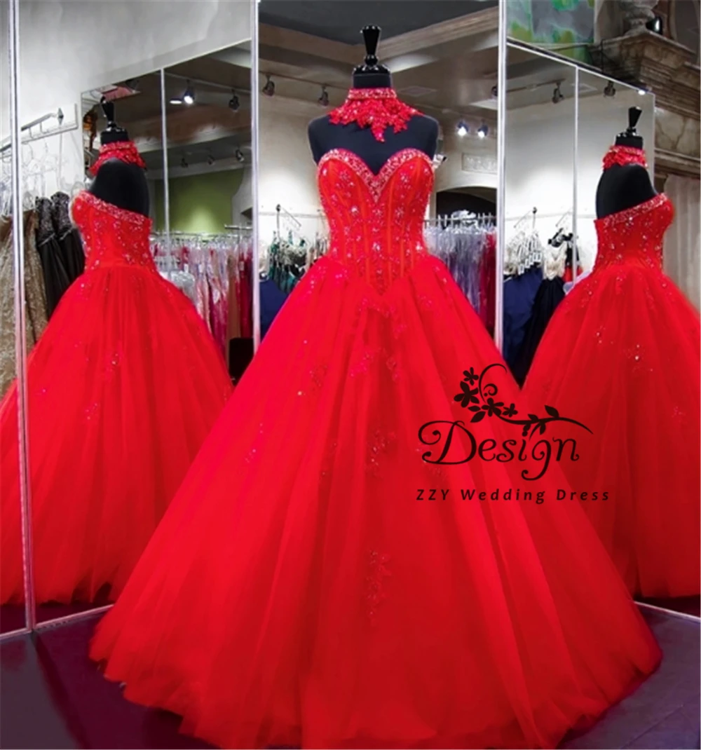 

Red Quinceanera Dress 2021 Sweetheart Neckline Crystals Beads Corset Party Princess Lace Sweet 16 Gown Vestidos De 15 Años