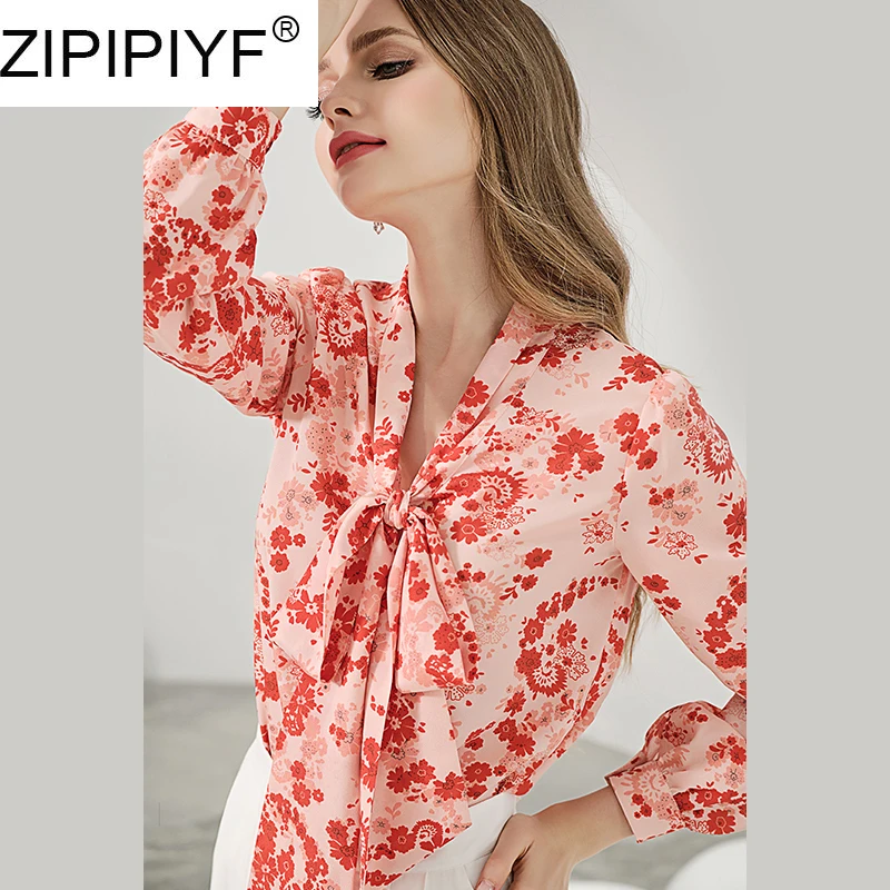 

Женская блузка с длинным рукавом, V-образным вырезом и цветочным принтом