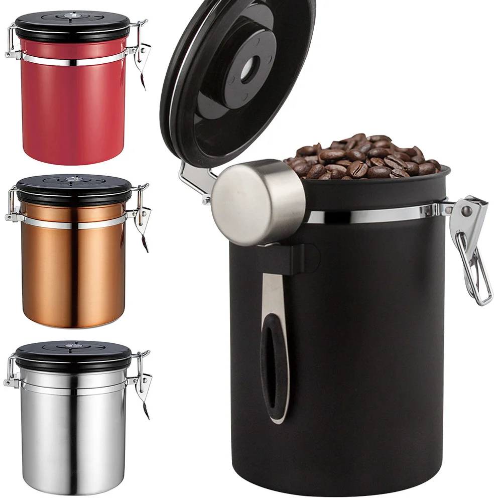 

Герметичный резервуар для кофейных зерен из нержавеющей стали, емкость для хранения кофе большой емкости с выпускным клапаном, коробка для ...