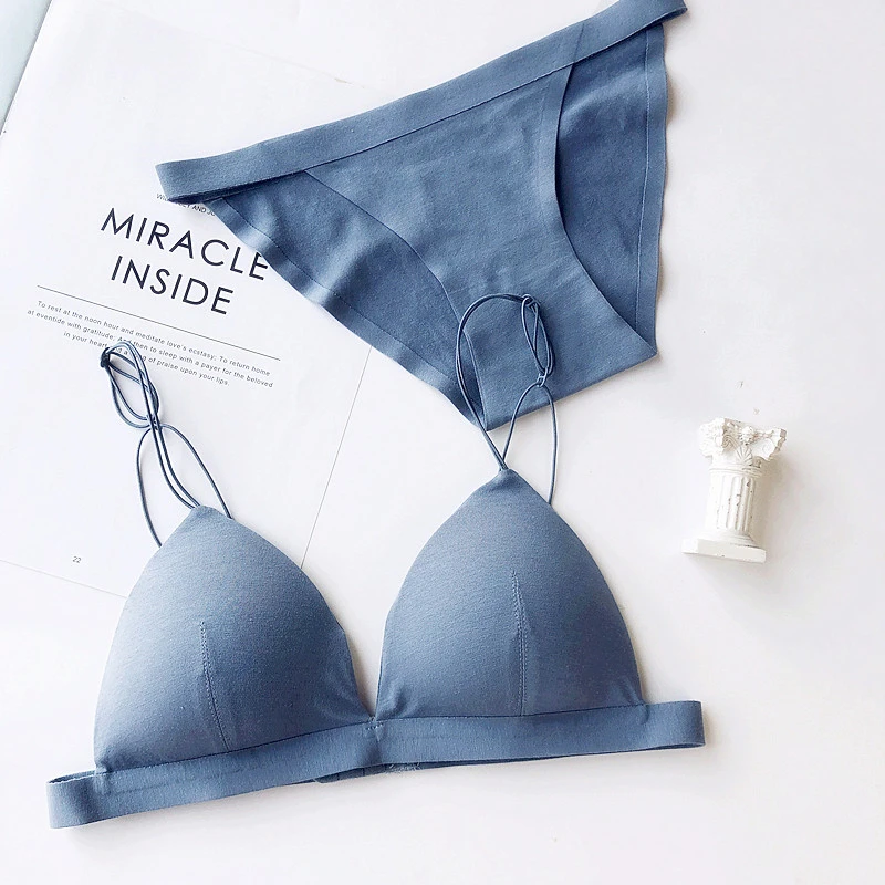 blue bra set Wriufred, простой модальный хлопковый комплект нижнего белья, тонкие бретельки, собранный сексуальный бюстгальтер и трусики, удобный треугольный бюстгальтер - Цвет: blue bra set