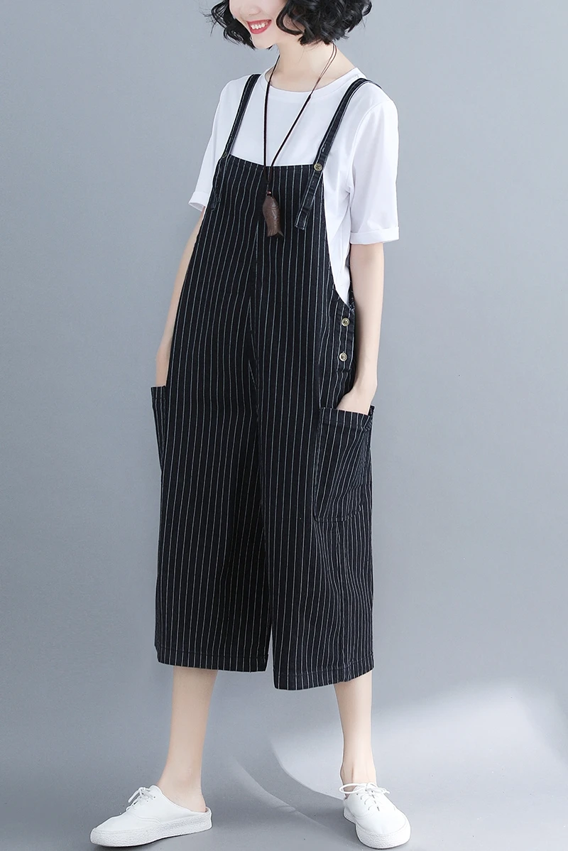 

High-waisted Overalls jeans women loose and thin high-fashion Striped Pockets wide-leg pants DM001