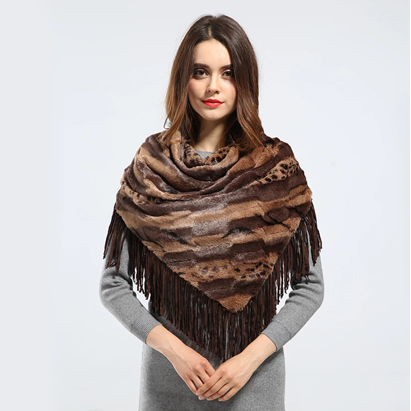 Новинка Вязаная Шаль из кроличьего меха женская мода треугольное меховое пончо