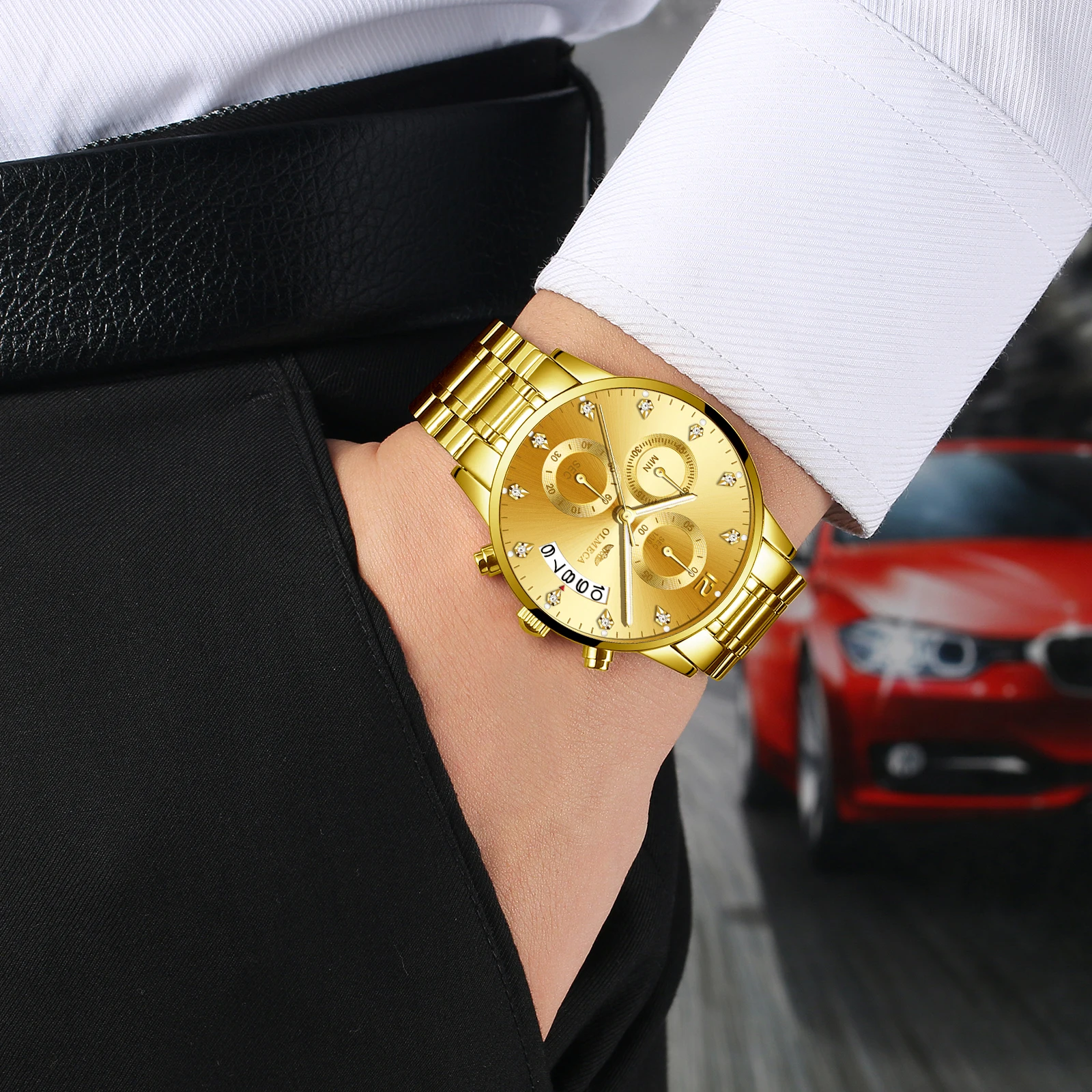 Часы мужские кварцевые с автоматической датой деловые браслетом из нержавеющей