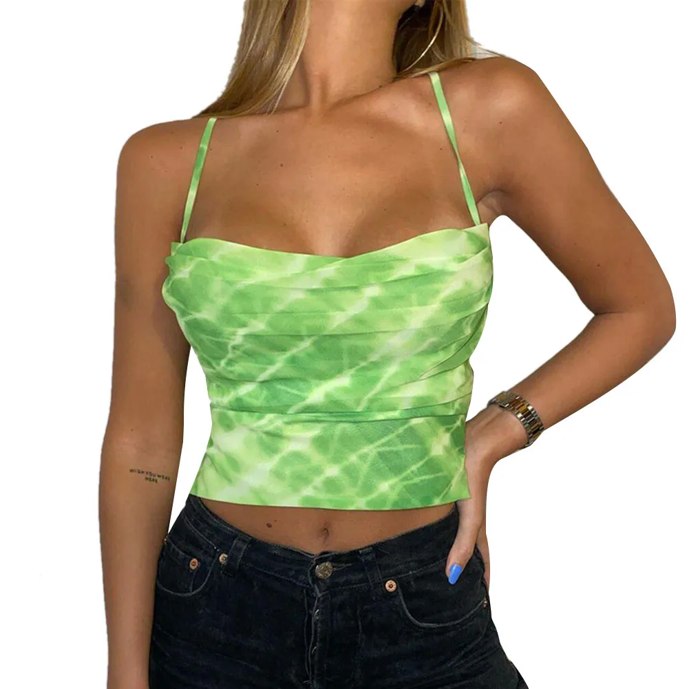 

Women Fashion Green Tie Dye Backless Bandage Party Camis Tops Summer Sexy Side Stretch Chic Vintage Sweet y2k Crop Tops