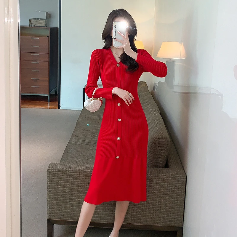 

Chic Button Knitted Dresses Women 2022 Spring Autumn New V-Neck Office Lady Solid Midi Dress Korean Vestidos