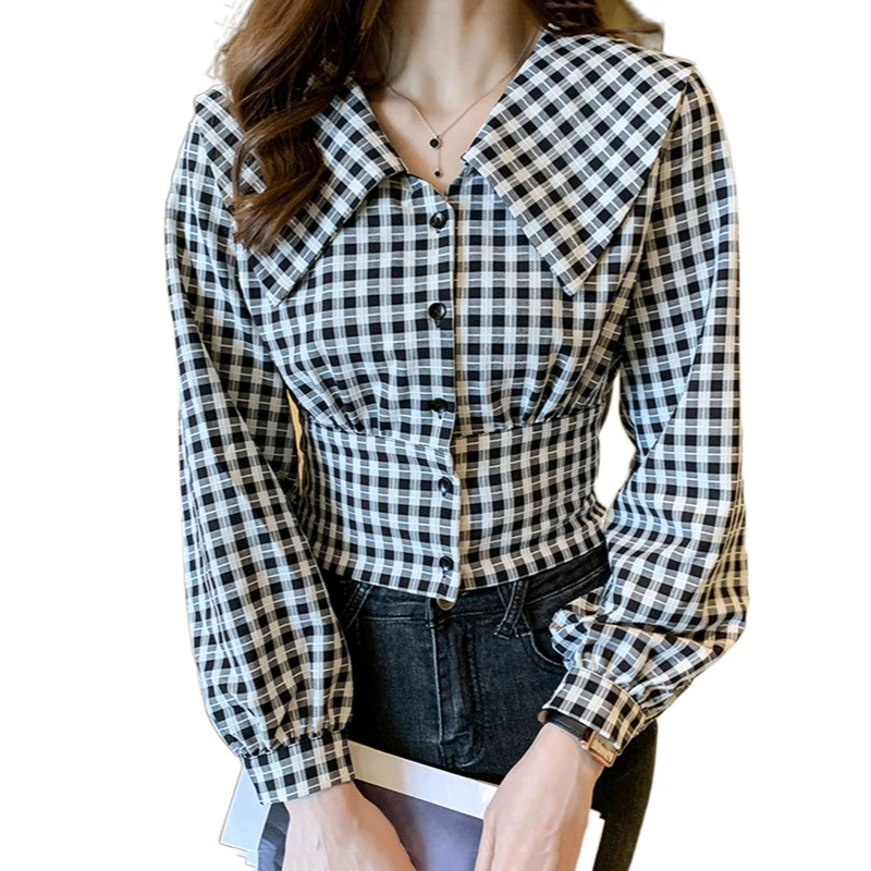 

AIYANGA Women Blouses Office Lady Cotton Oversize Vintage Tops Female Plaid Long Sleeve 2021 Spring Autumn Korean Fashion Shirts