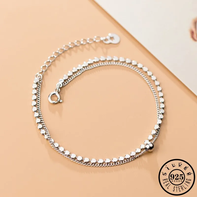 

100% 925 Sterling Silver Geometric Shape Statement Double Layer Chain Hand Charm Bracelets Jewelry for Women Lady