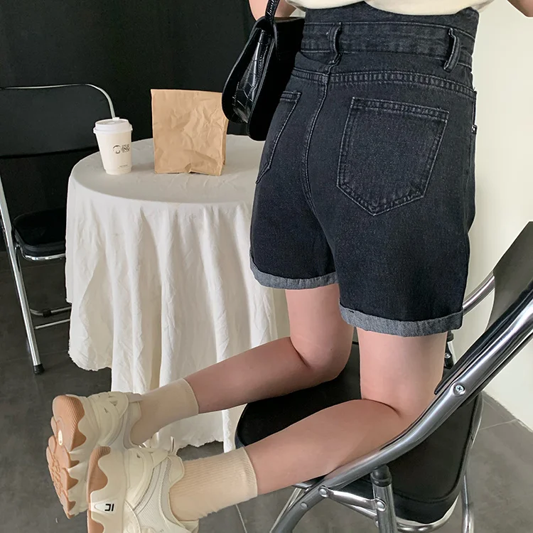 

Denim High Waist Shorts Female Online Influencer A- line Summer 2021 New Slimming Korean Style Two Buttons Wide Leg Straight Hot