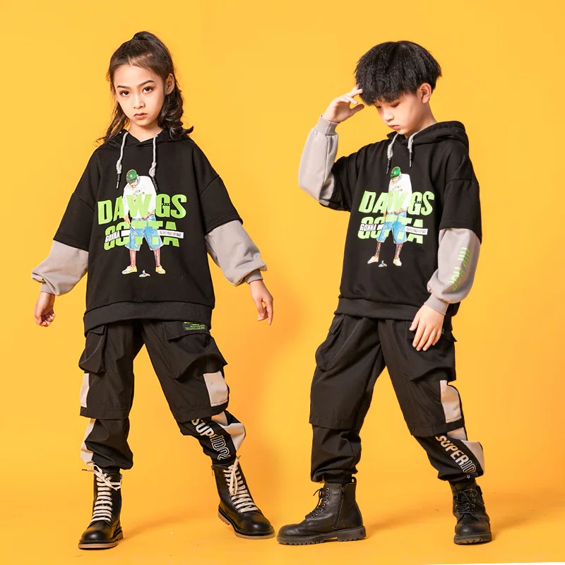 

Black Hoodie Running Pants for Boys Girls Children Jazz Dance Clothes Kids Street Dance Outfits Hip Hop Dance Costumes XS1258