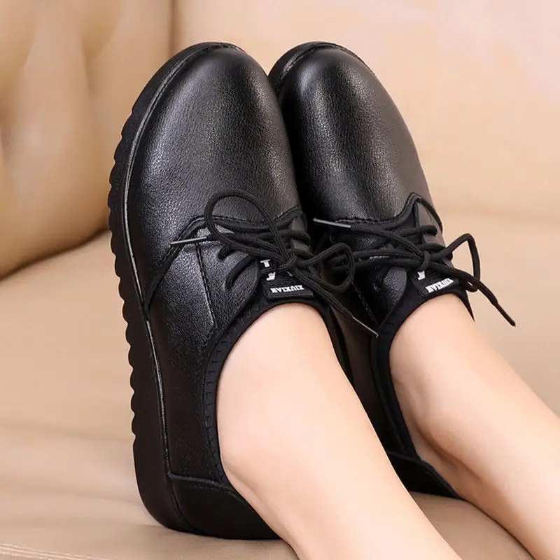 

Pure Black Oxford Shoes Women's Work Leather Wedge Flat Shoes Women's Casual Lace-up Shoes Women's Kitchen Non-slip Loafers