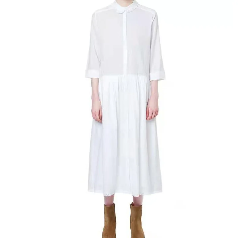 

Женское платье, новый стиль весна-лето 2021, женское хлопковое однотонное платье средней длины с рукавами и пуговицами
