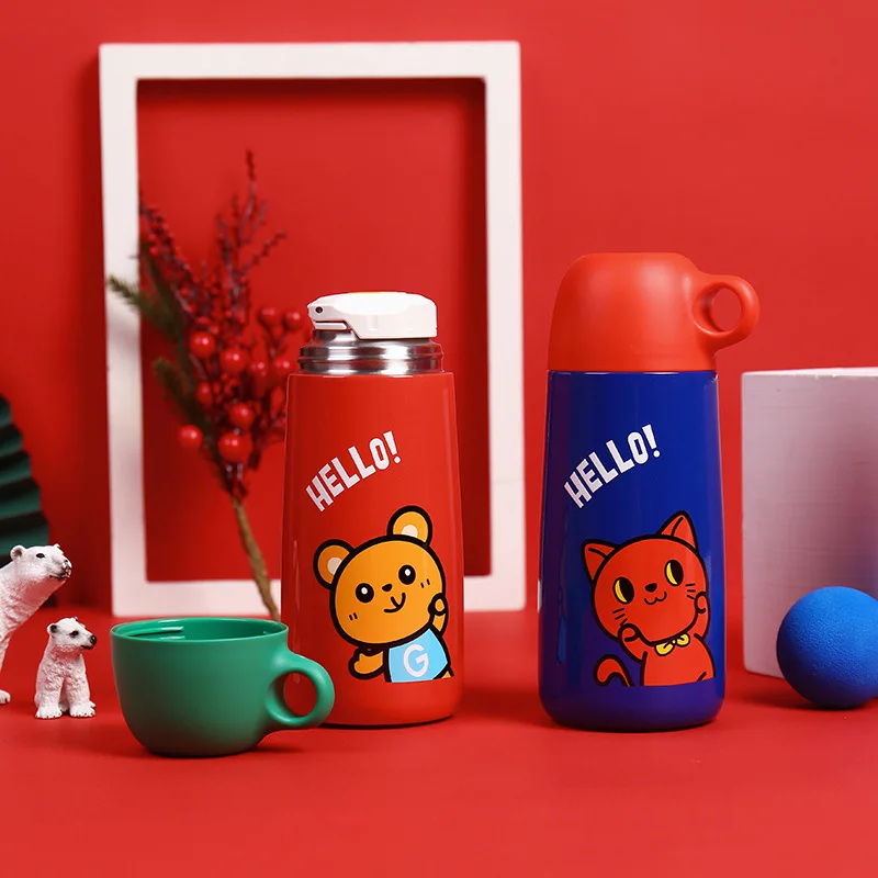 

450ML 316 Stainless Steel Kids Vacuum Flask With Straw Double Lid Cute Thermos Cup Outdoor Portable Tumbler Kawaii Water Bottle