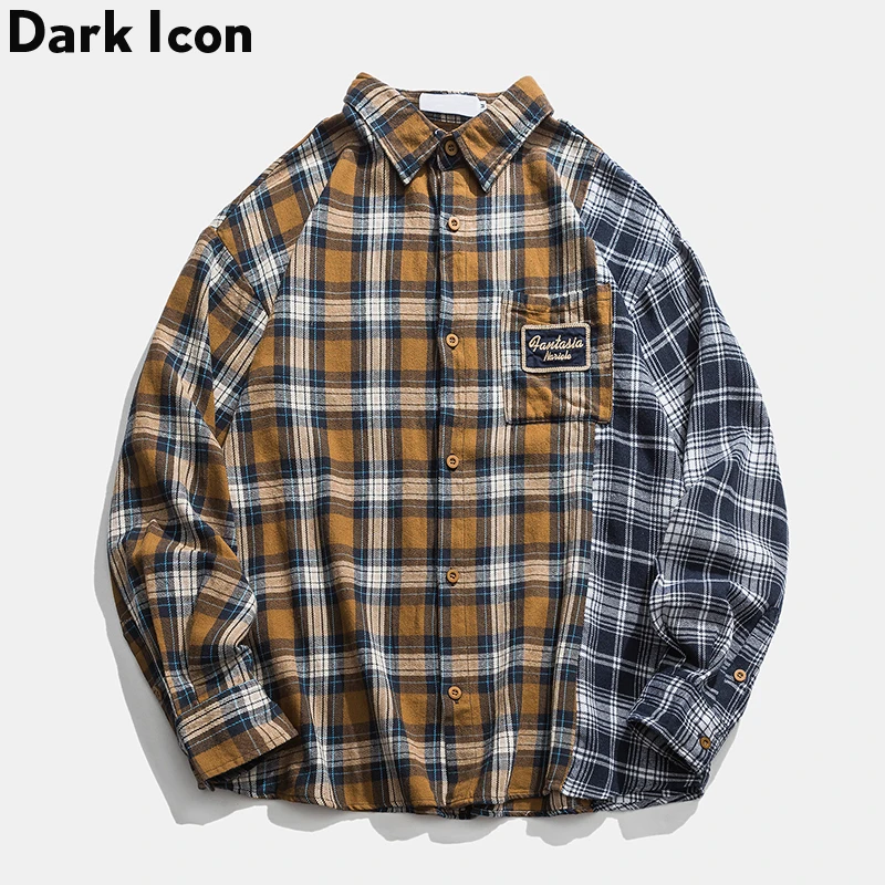 Plaid Patchwork Oversized Shirts Front Pocket Women Hip Hop Long Sleeve Women’s Yellow/Green |