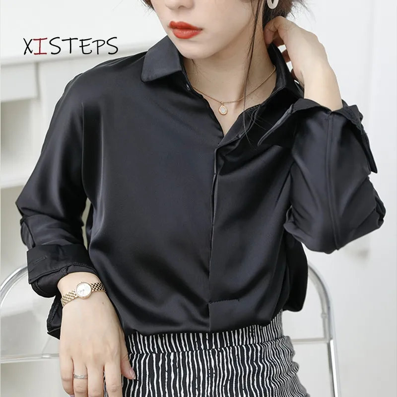 Satin Blouses Shirts For Women 2021 Spring Autumn Female Office Suit Blouses White Black Loose Tops Button Ladies Clothings