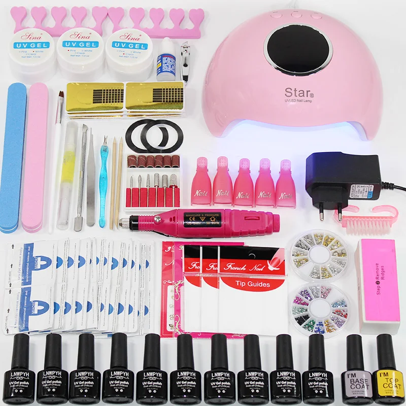 24W Choose10 Colors Маникюрный набор на выбор, 12/10 цветов, Гель-лак, основа, верхнее покрытие, набор для ногтей, 24 Вт/48 Вт/54 Вт, УФ светодиодная лампа, электрическая ручка для маникюра, набор для дизайна ногтей - Цвет: 24W Choose10 Colors