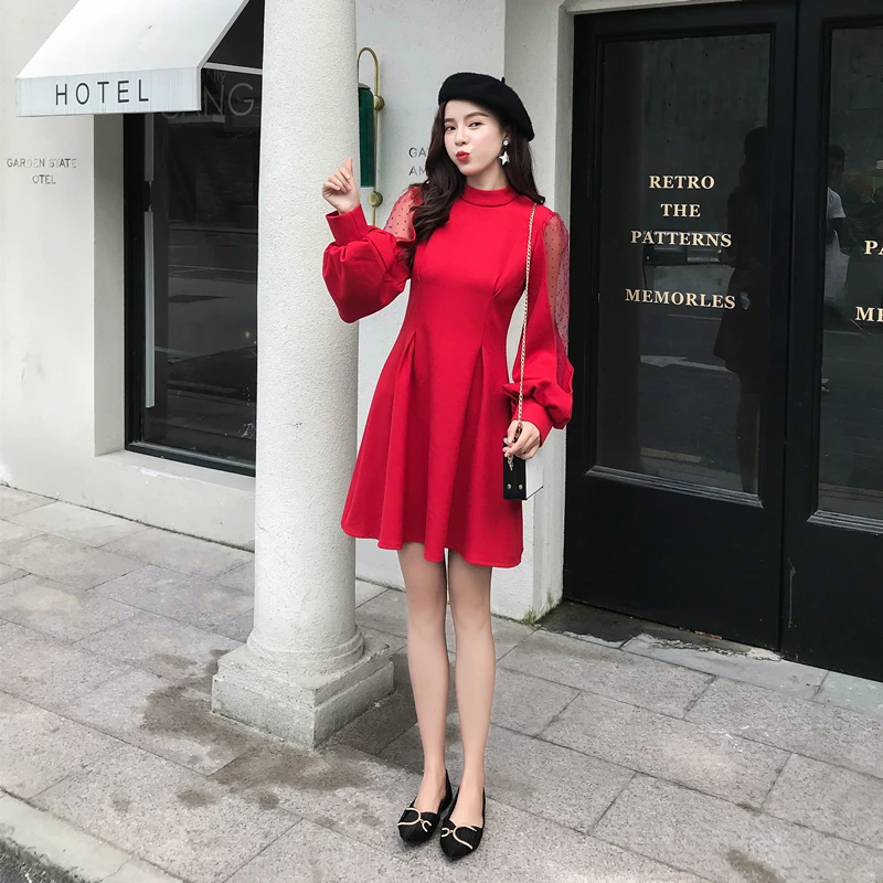 

Spring and autumn mash lantern sleeve stand full England style mini-dress high quality patchwork Women Clothing Elegant dresses
