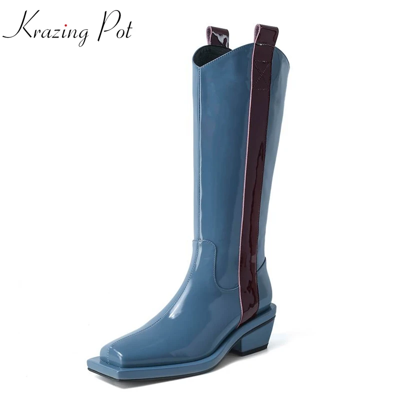 

Krazing Pot 2022 genuine leather square toe British school keep warm mixed color European gorgeous zip med heel riding boots L20