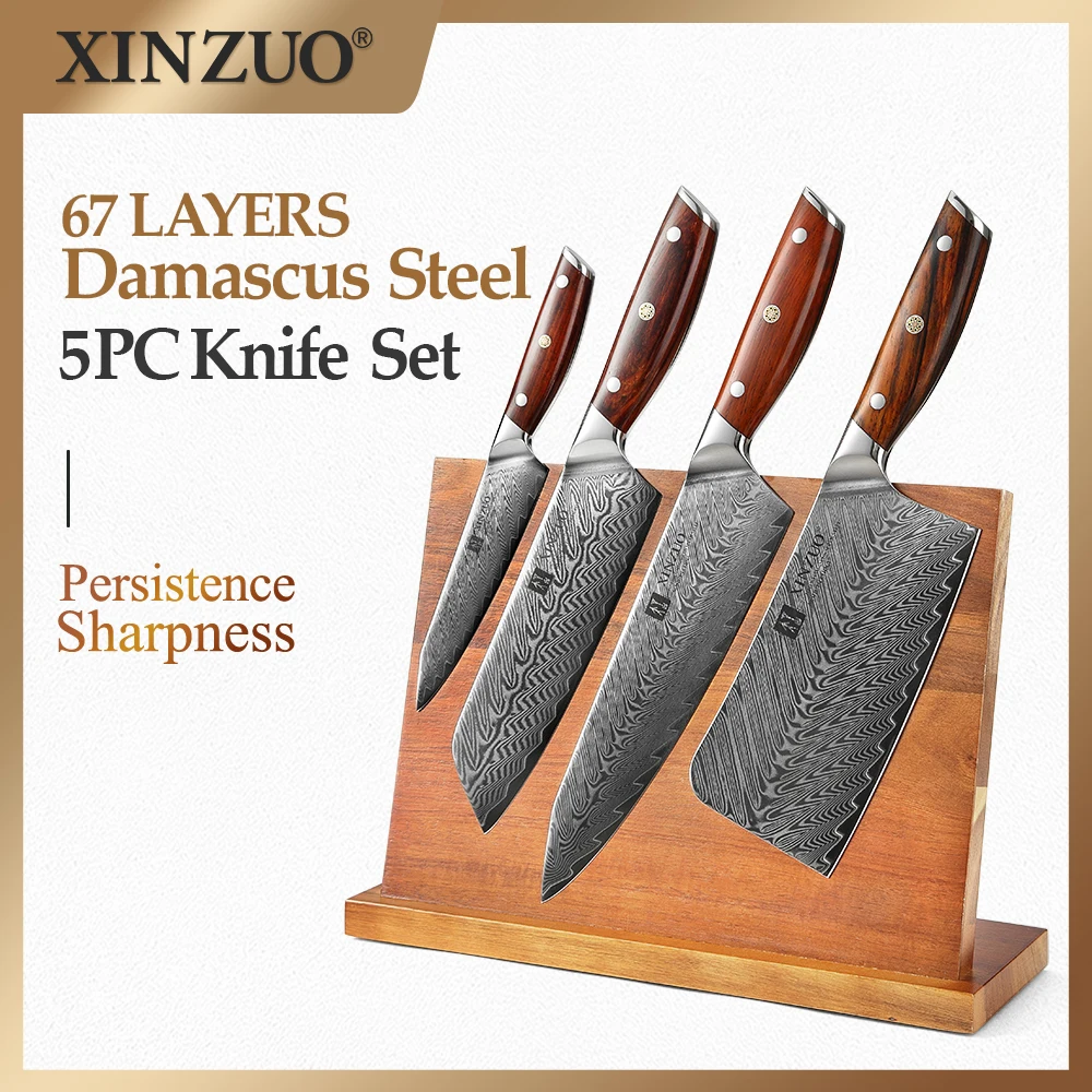 Набор ножей шеф повара XINZUO из дамасской стали с ручкой розового дерева кухонные