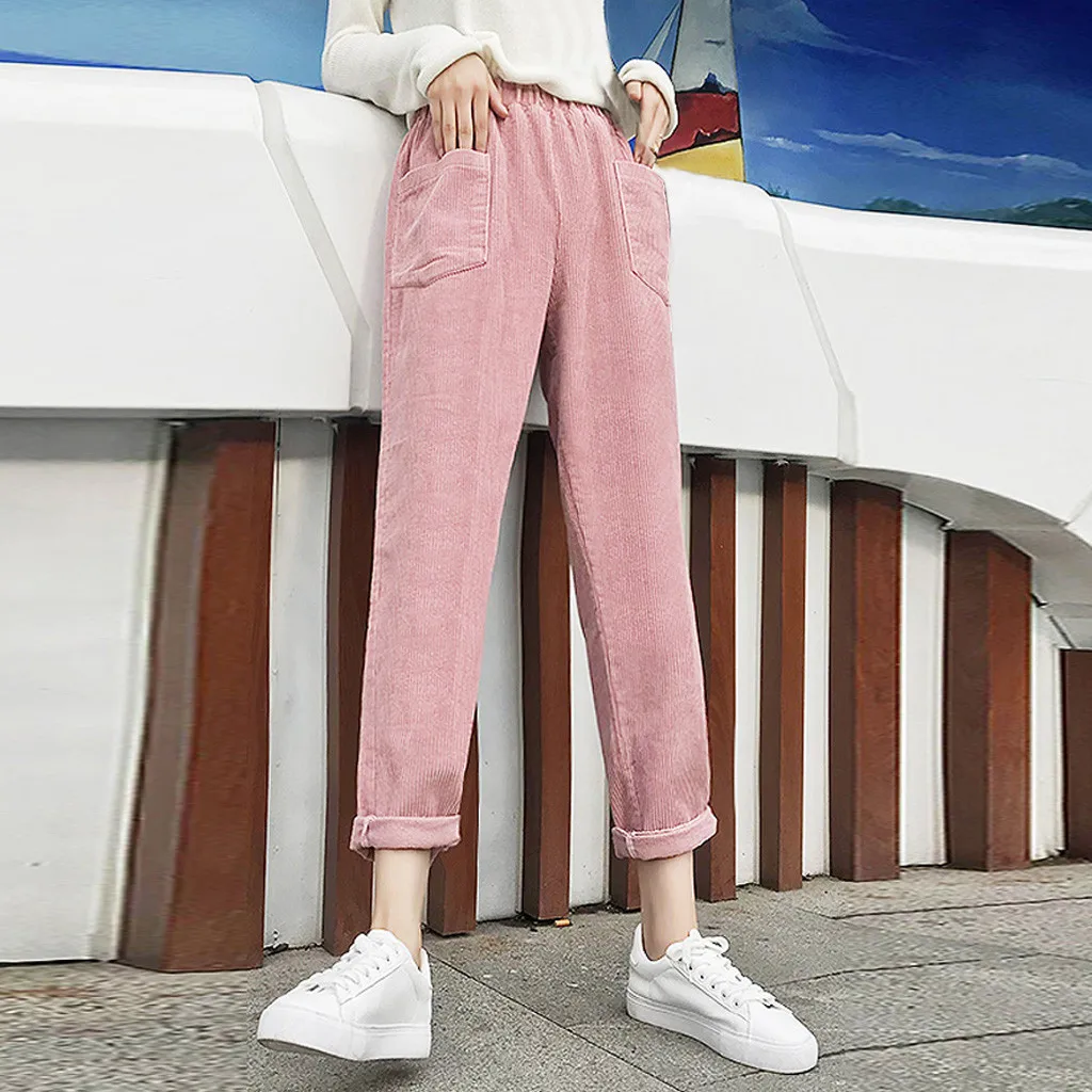 Женские вельветовые прямые брюки повседневные свободные с высокой талией и