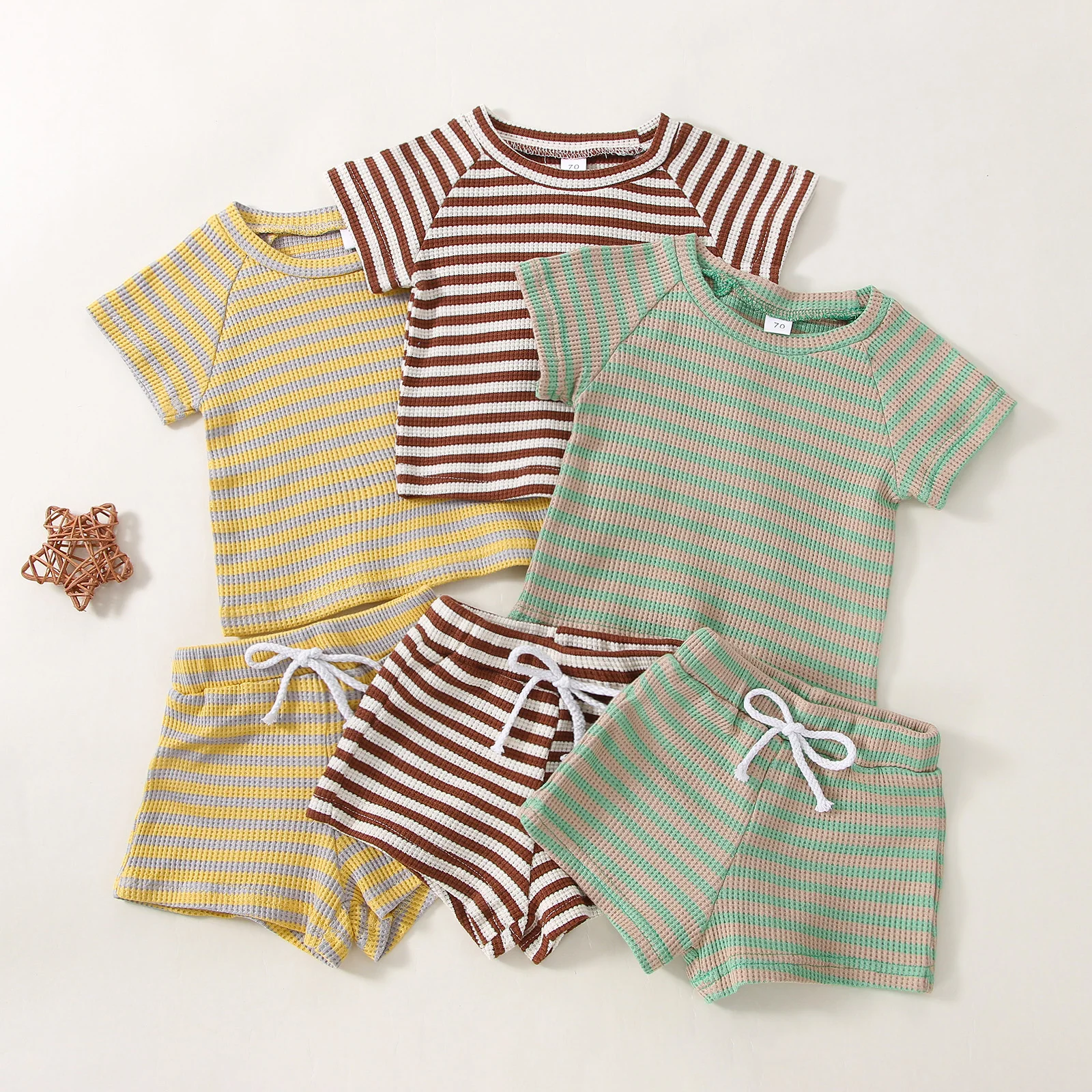 

Baby Boys Girls Summer Clothing Sets Newborn Kid Infant Striped Print Knitted Short Sleeve T-shirts+Drawstring Shorts Tracksuits