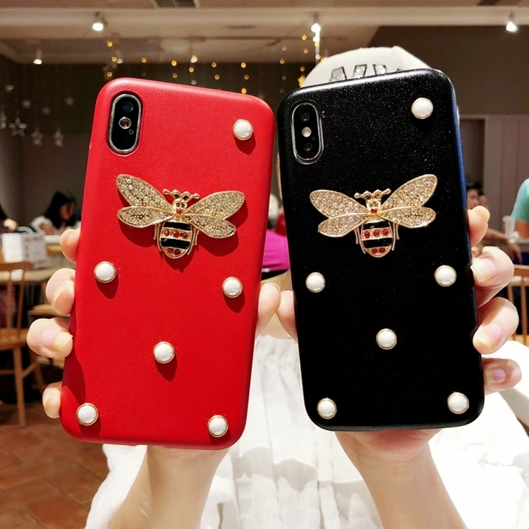 Роскошный кожаный мягкий чехол для телефона для iphone 7 чехол 3D мода алмаз пчела жемчуг Классический чехол для iphone 6 6s 7 8 plus X XR XS Max