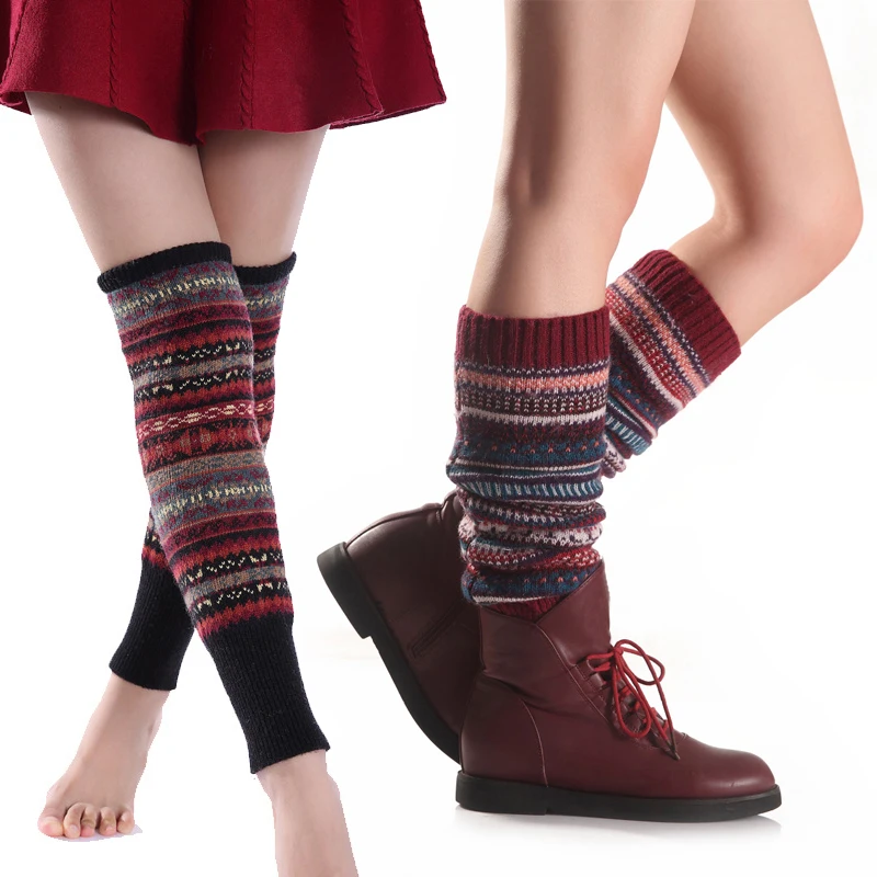 Women Striped Knitted Leg Warmers Winter Knee High Knitted Boho Style Crochet Leg Warmers Socks Boot Cuffs Socks Leg Warmers