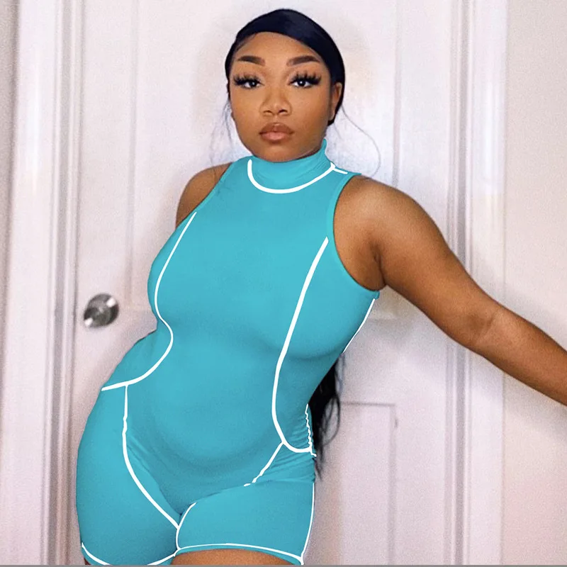 Облегающий комбинезон байкерские шорты женский с высоким воротом без рукавов