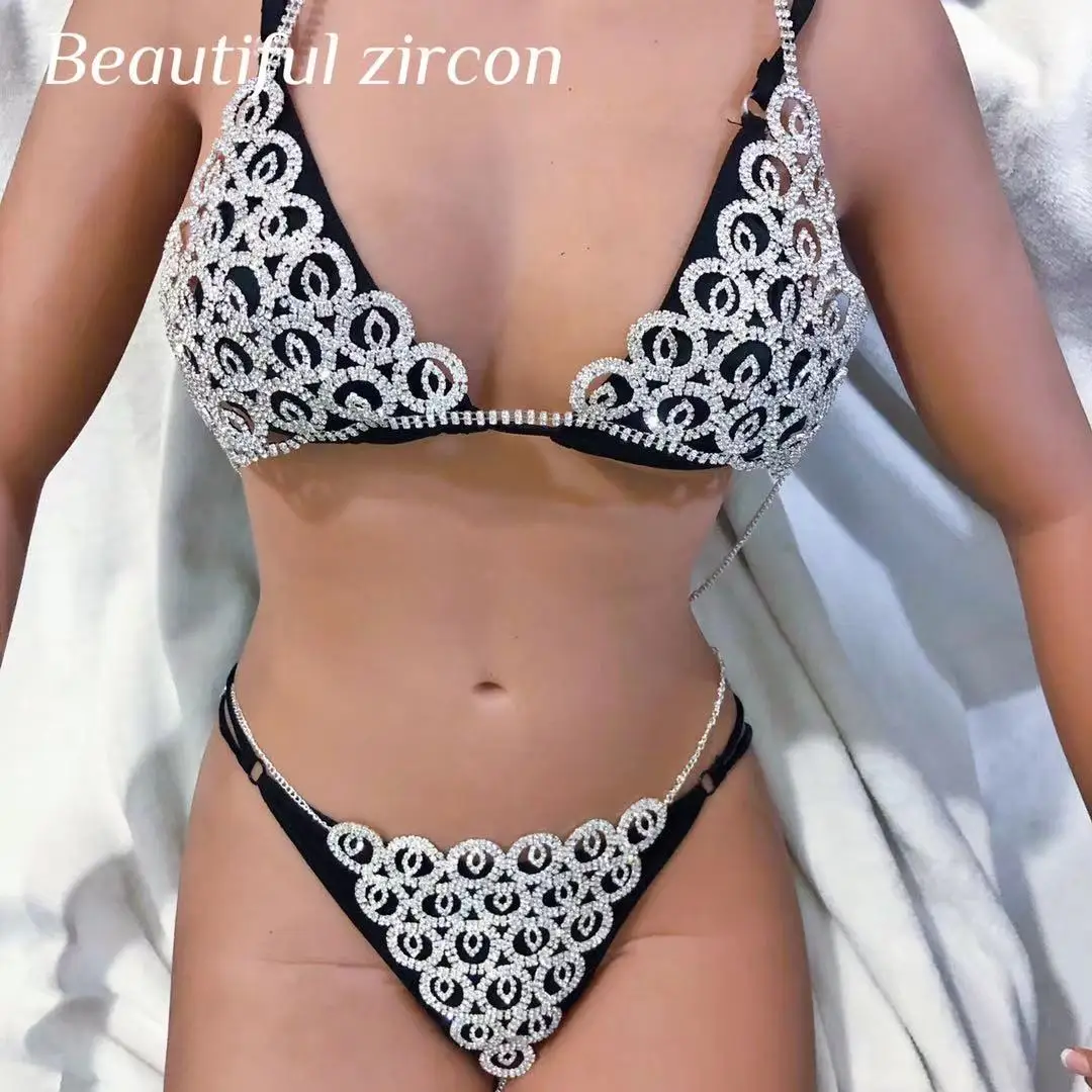 Fashion luxury Rhinestone body accessories women's underwear bra Rhinestone Crystal bikini underwear Thong Set body jewelry whol  - buy with discount
