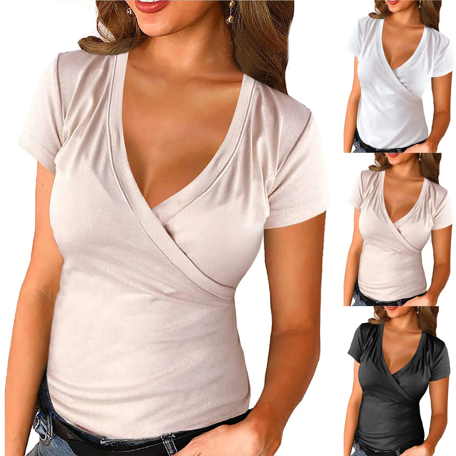 

Блузка женская с глубоким V-образным вырезом, повседневная приталенная рубашка с рукавами, в винтажном стиле, уличная одежда для девушек, на ...