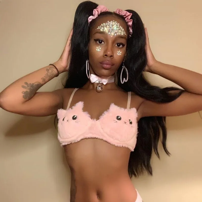 Милый розовый укороченный топ с вышивкой в виде кошки стиле Харадзюку мягкий