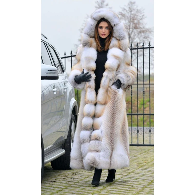 FURSARCAR 2021 New Luxurious Real Natrual Golden Fox Fur Jacket With Hood Thick Fashion 120cm X-Long Women Winter Fur Coat