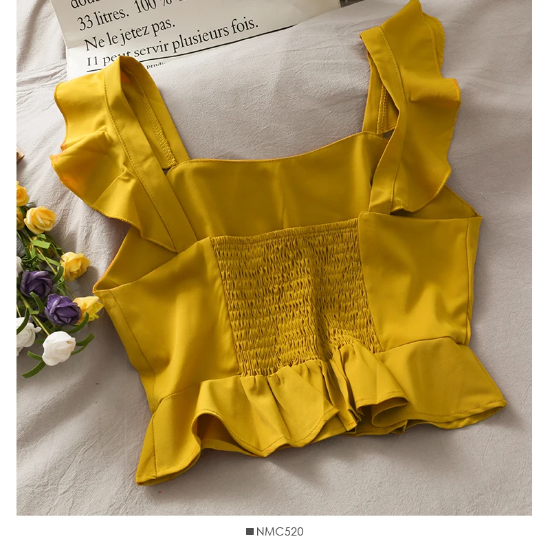 

Ruffle Short Cropped Umbilical All-match Camisole Female Summer High-waisted Thin Drape Loose Wide-leg Pants Two-piece 2021trend