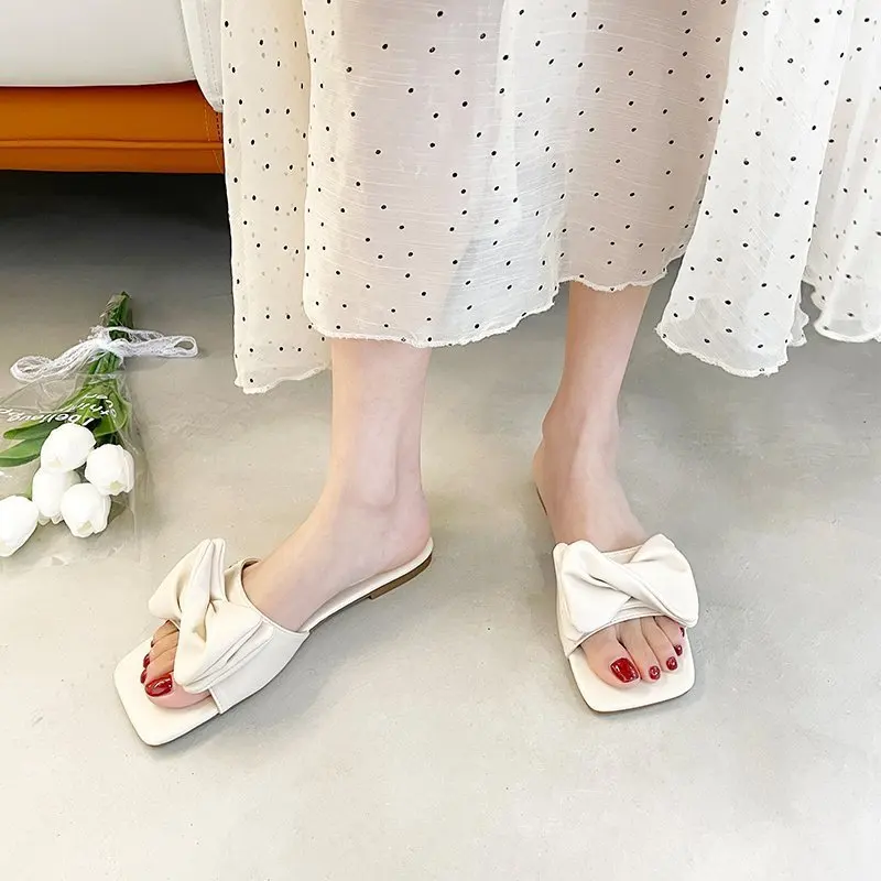 

Shoes Woman 2021 Butterfly-Knot Female Slippers Square Toe Low Luxury Slides New Designer Flat PU Rubber Butterfly-knot Basic