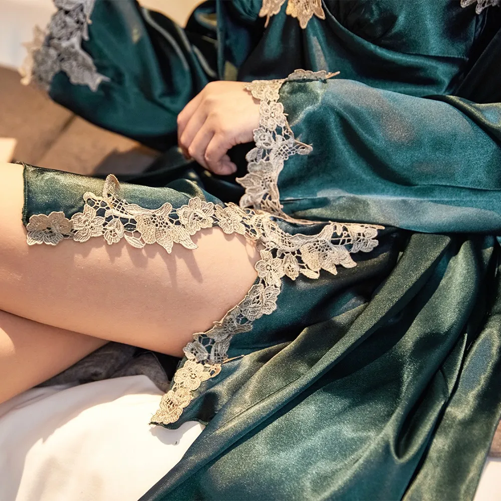 

Women Sexy Robe Set Satin 2PCS Sleepwear Lace Kimono Bathrobe Gown Bridal Wedding Gift Lounge Wear Lingerie Casual Nightwear