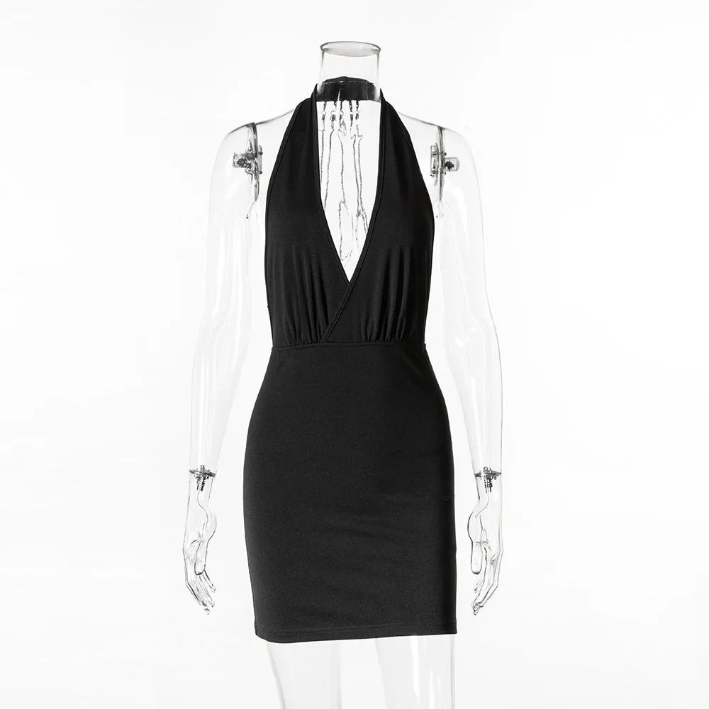 

Black Dress Woman Beauty Back Sexy Club Frock Deep V-neck Dresses Womens Clothing Sleeveless Apparel Ladies Party Clothes Solid