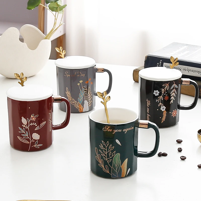 

Nordic Ins Luxury Ceramic Cups Creative Personality Multi-angle Mug Coffee Cup with Spoon and Lid Coffee Cup