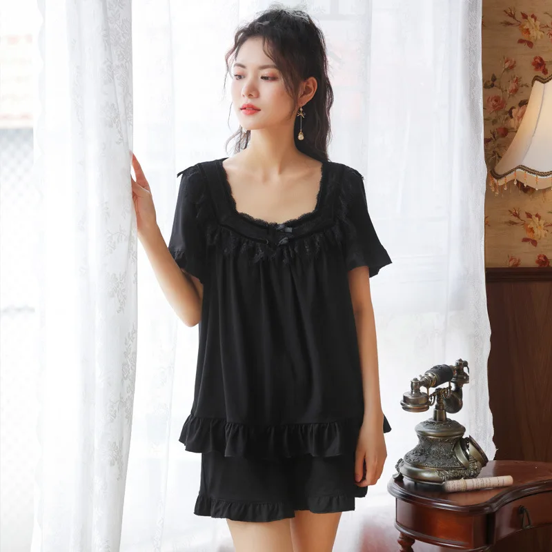 

Летние домашняя женская пижамный комплект из хлопка, высокого класса, женские пижамы кружева сексуальная ночная рубашка принцессы для дево...