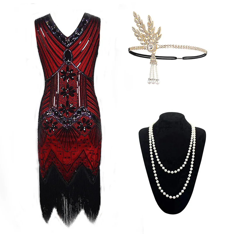 Red Set Винтажное женское платье 1920s Gastby со сплошным расшитым блестками Сетчатое платье в стиле модерн украшенное бахромой платье размера плюс черный/зеленый/белый/золотой - Цвет: Red Set