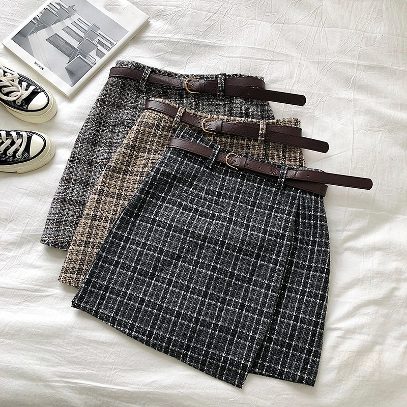 

Korean Irregular Lady Skirt Female Autumn Sweet High Waist A-line Mini Skirt Vintage Casual Women Plaid Skirt Chic Sashes