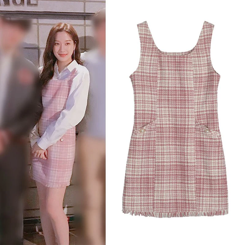 

2 Piece Set Women 2021 Korean Drama TV Star 문가영 White Shirt And Pink Plaid Dress Two Piece Outfits for Women Sets Streetwear