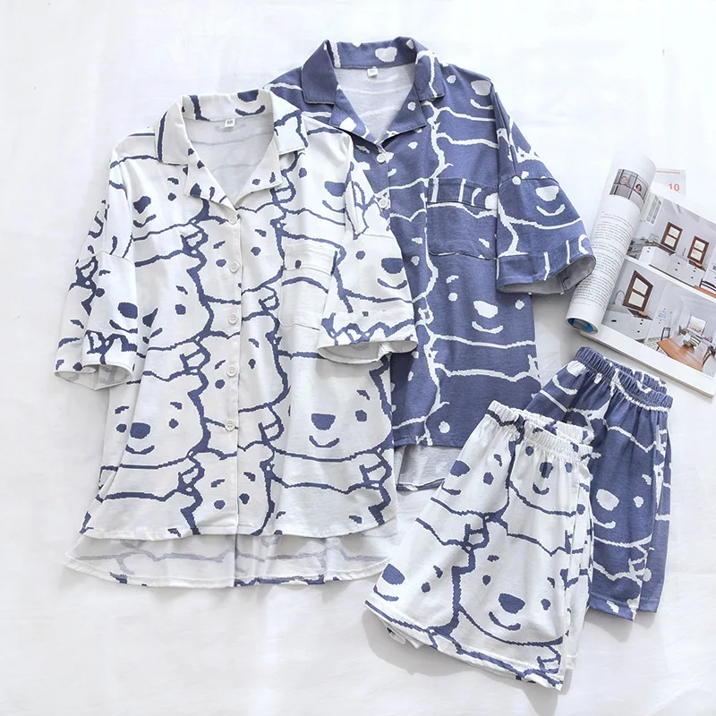 217 Thin Bear Sleepwear Cotton Pajamas For Women Sets Home Suit Turn-Down Collar Short Sleeve Sleep Tops Shorts Female Homewear