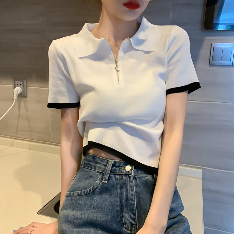 Летняя женская красная рубашка поло в западном стиле с коротким рукавом и