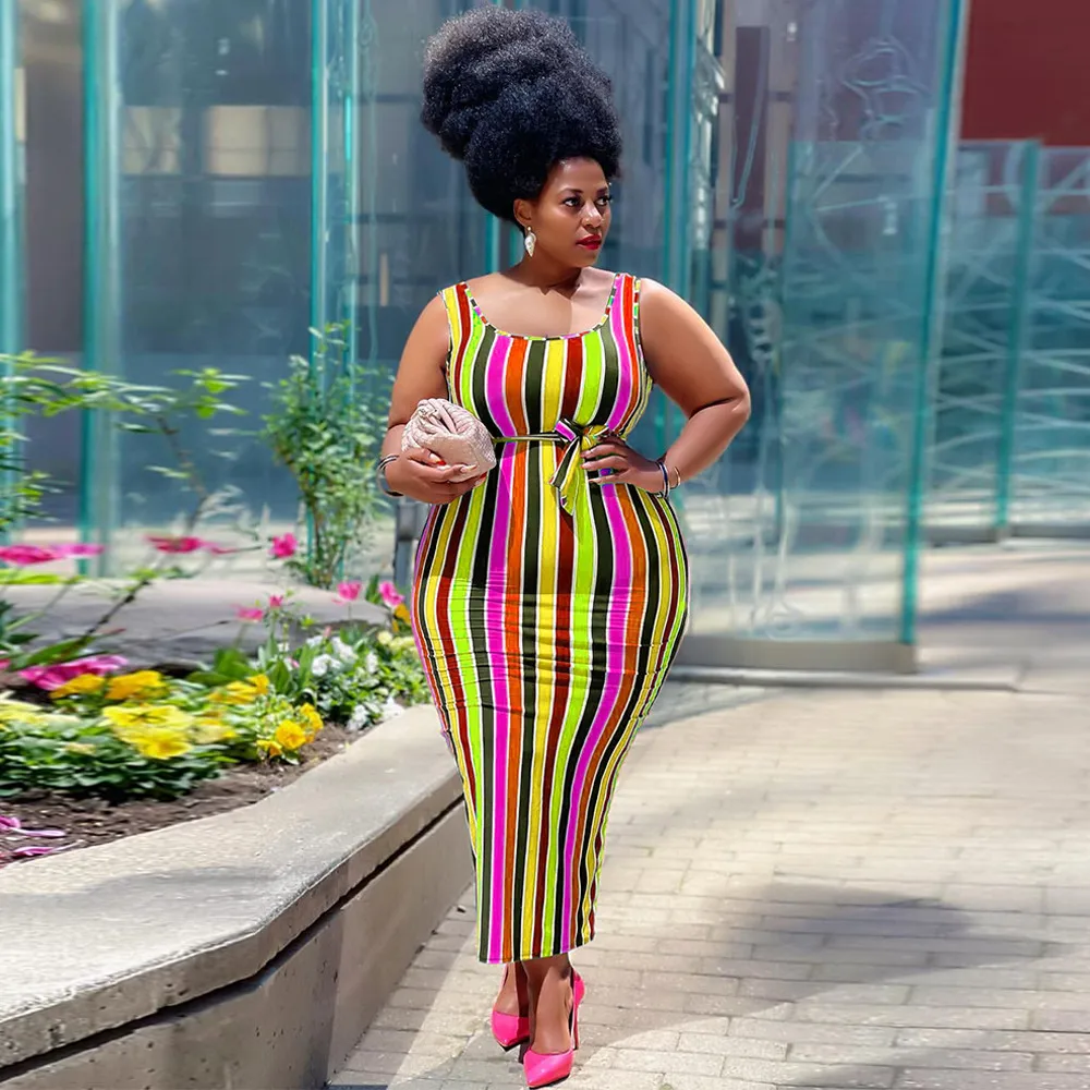 

Модный сексуальный топ в полоску, женское платье большого размера, женское облегающее платье без рукавов с круглым вырезом