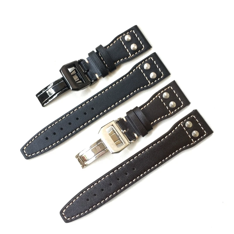 

Brands 22mm Dark Brown Black Men Genuine leather Watchband Replace For IWC Big Pilot Rivet Deployant Clasp Watch Strap Bracelet