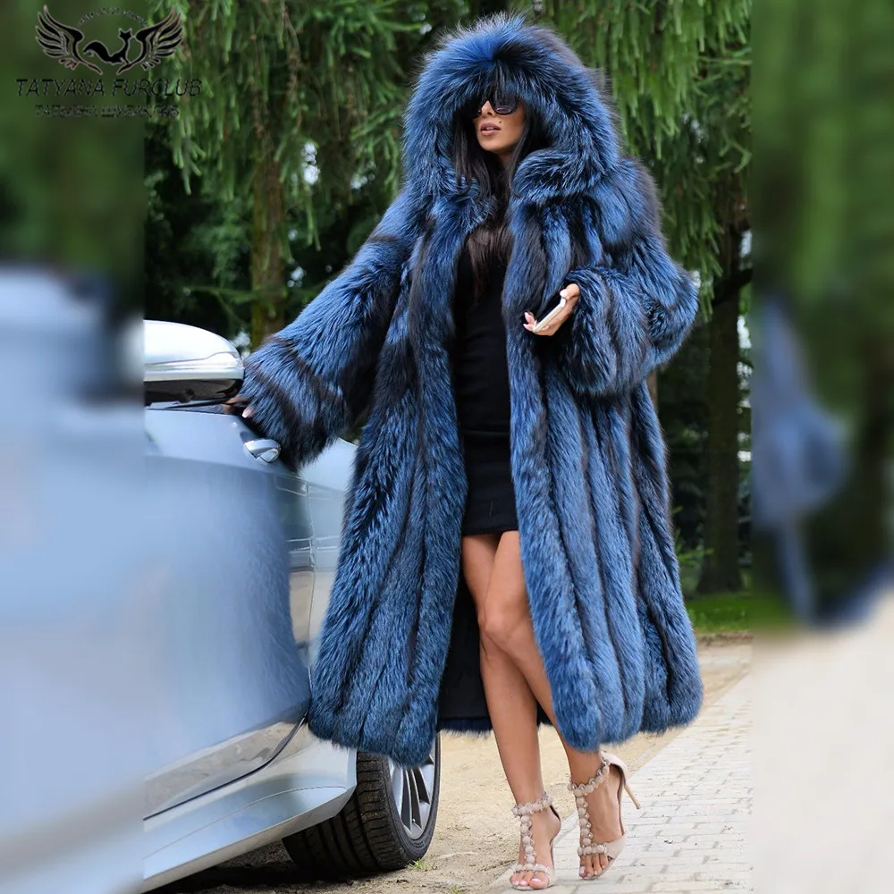

120cm Long Real Silver Fox Fur Coat With Hood High Quality 2021 New Winter Fashion Genuine Fox Fur Coat Luxury Woman Overcoat